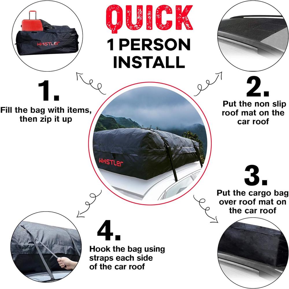 Whistler Car Roof Bag Bundle - 100% Waterproof Roof Top Cargo Carrier Bag NO Rack Needed + Non Slip Roof Mat, for Any Car Van or SUV (15