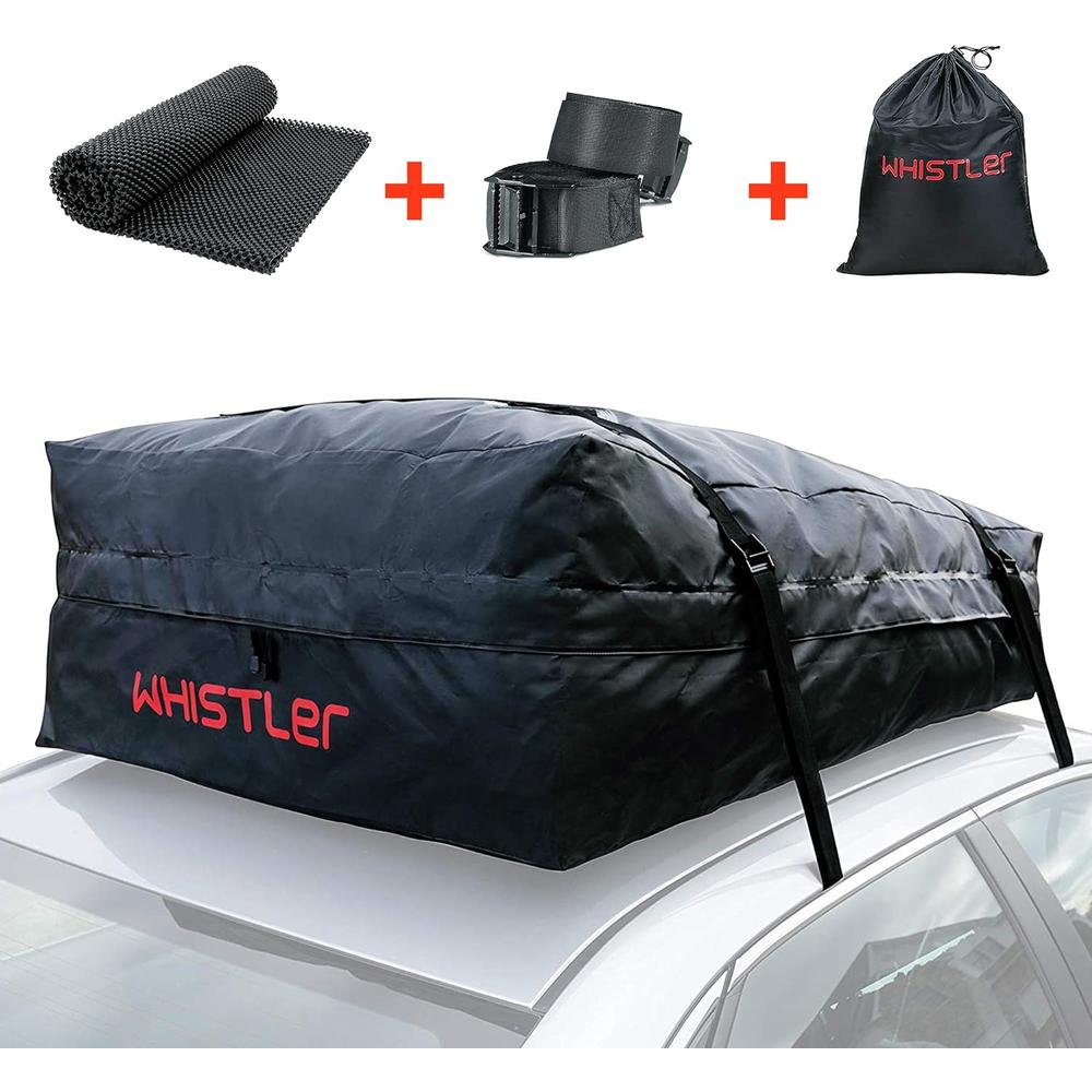 Whistler Car Roof Bag Bundle - 100% Waterproof Roof Top Cargo Carrier Bag NO Rack Needed + Non Slip Roof Mat, for Any Car Van or SUV (15
