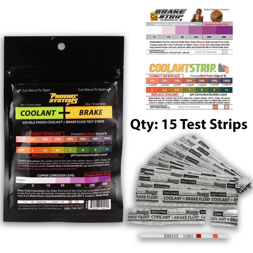 Phoenix Systems 8006-B Double-Ended Coolant + Brake Fluid Test Strips (15 foil wrapped test strips), 1 Pack