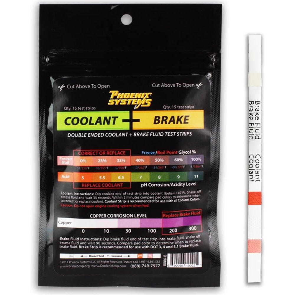 Phoenix Systems 8006-B Double-Ended Coolant + Brake Fluid Test Strips (15 foil wrapped test strips), 1 Pack