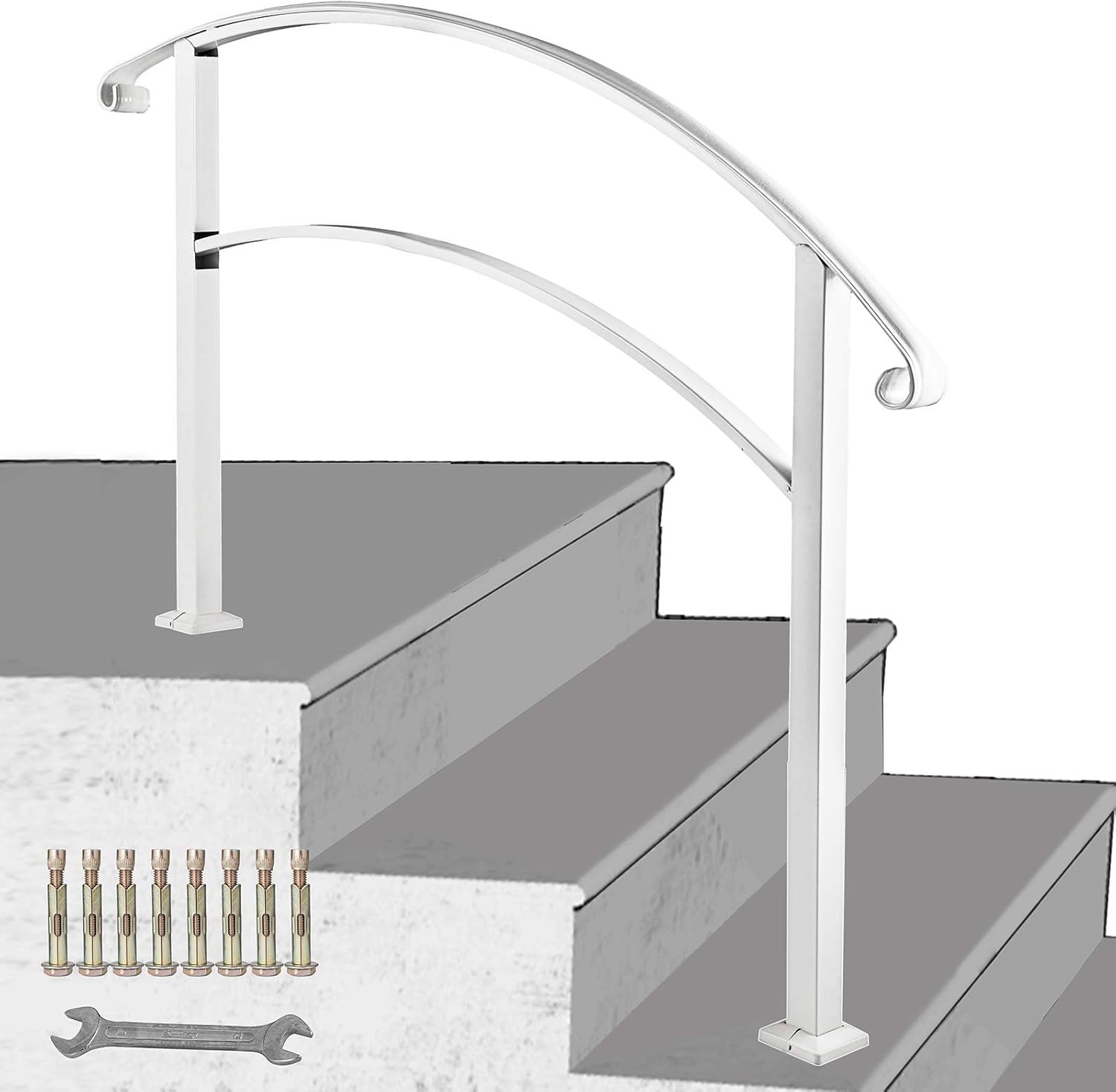 Happybuy 3 Step Handrail Fits 1 Or 3 Steps Matte White Stair Rail Wrought Iron Handrail With Installation Kit Hand Rails For Outdoor Ste