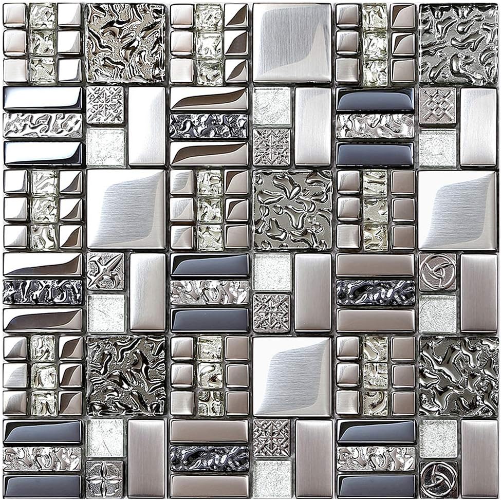 TST MOSAIC TILES Metallic Glass Mosaic Tiles Silver Gray 100% Glass Tile  Water Resistant for Kitchen Backsplash Bathroom Shower Accent Wall Deco