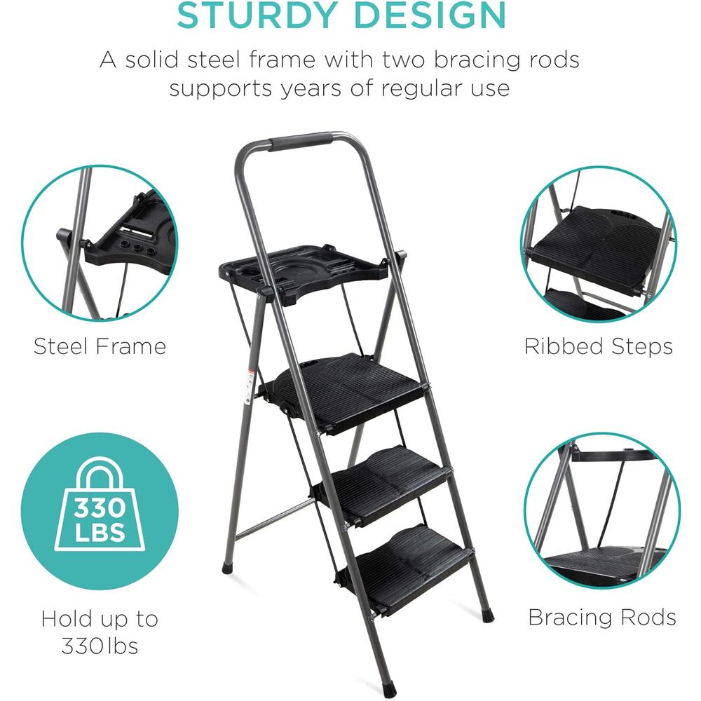 Best Choice Products 3-Step Ladder, Portable Folding Anti-Slip Step Stool w/ Utility Tray, Hand Grip, Rubber Feet Caps, 330lb Capacity