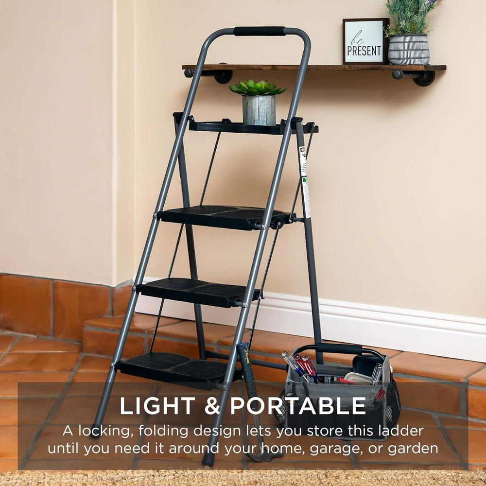 Best Choice Products 3-Step Ladder, Portable Folding Anti-Slip Step Stool w/ Utility Tray, Hand Grip, Rubber Feet Caps, 330lb Capacity