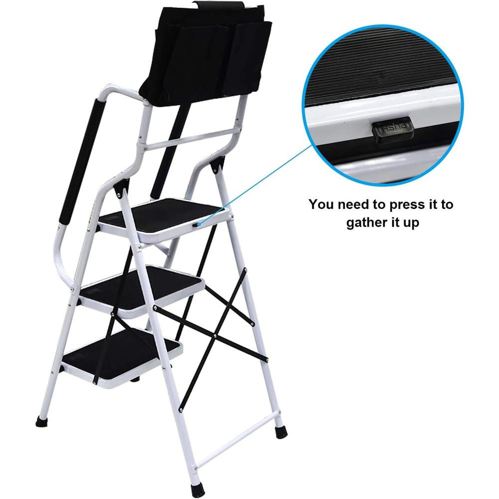 USINSO charaHOME 3 Step Ladder Tool Ladder Folding Portable Steel Frame MAX 500 lbs Non-Slip Side armrests Large Area Pedals Detachabl