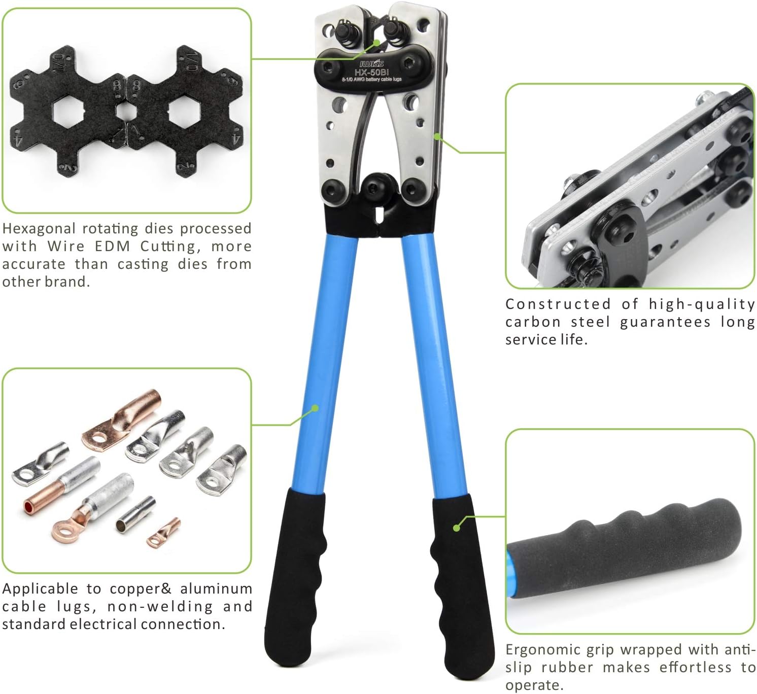IWISS TOOLS IWISS Cable Lug Crimping Tool for Heavy Duty Wire Lugs,Battery Terminal,Copper Lugs AWG 8-1/0