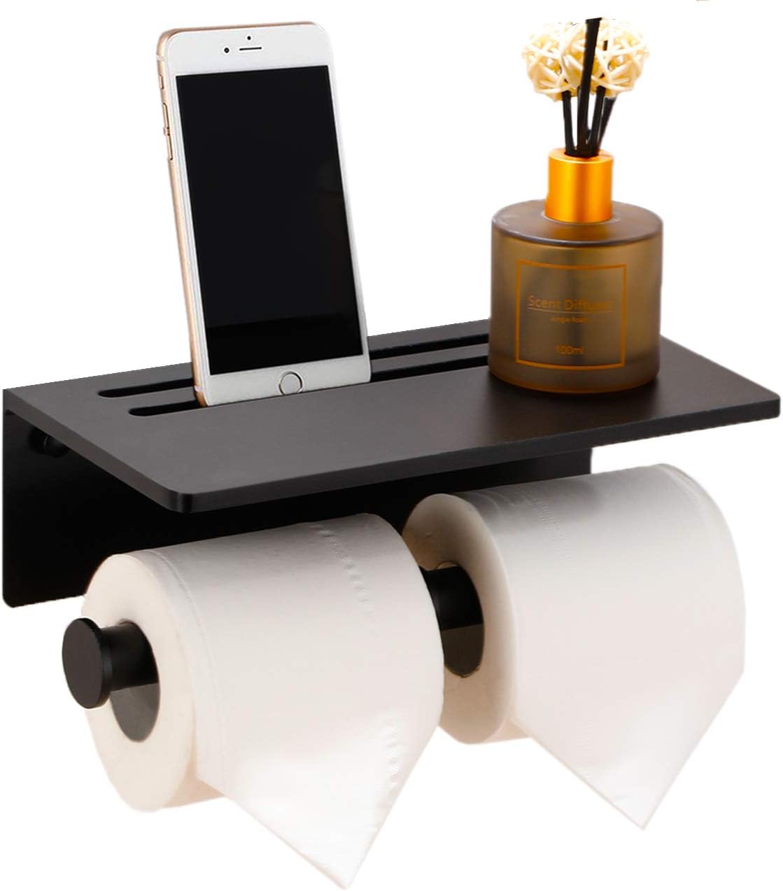 Smarthome Toilet Paper Holder Aluminium Double Roll Toilet Tissue Holder With Mobile Phone Shelf For Bathroom 3m Self Adhesi