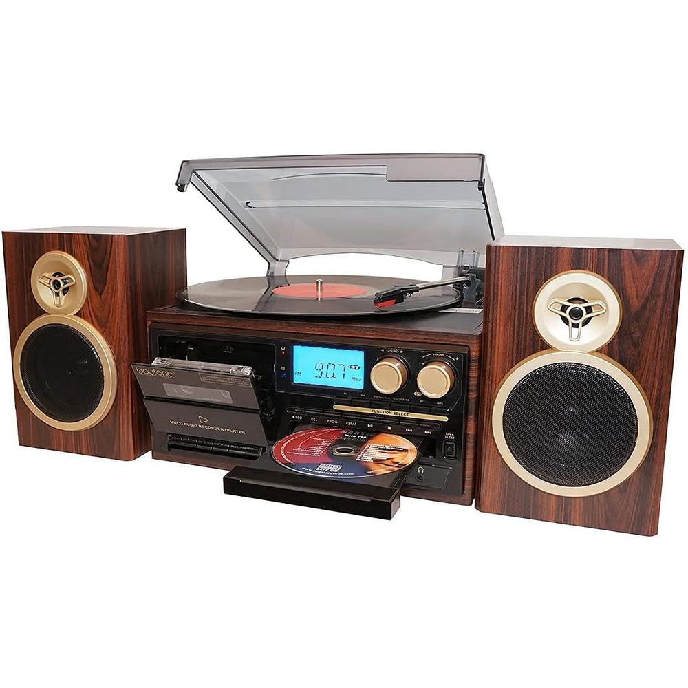 Boytone BT-28SPM, Bluetooth Classic Style Record Player Turntable with AM/FM Radio, CD / Cassette Player, 2 Separate Speakers