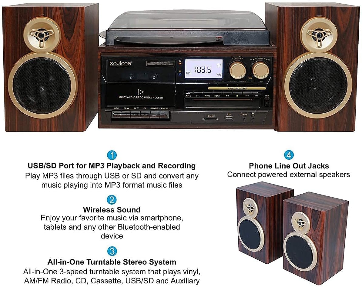 Boytone BT-28SPM, Bluetooth Classic Style Record Player Turntable with AM/FM Radio, CD / Cassette Player, 2 Separate Speakers