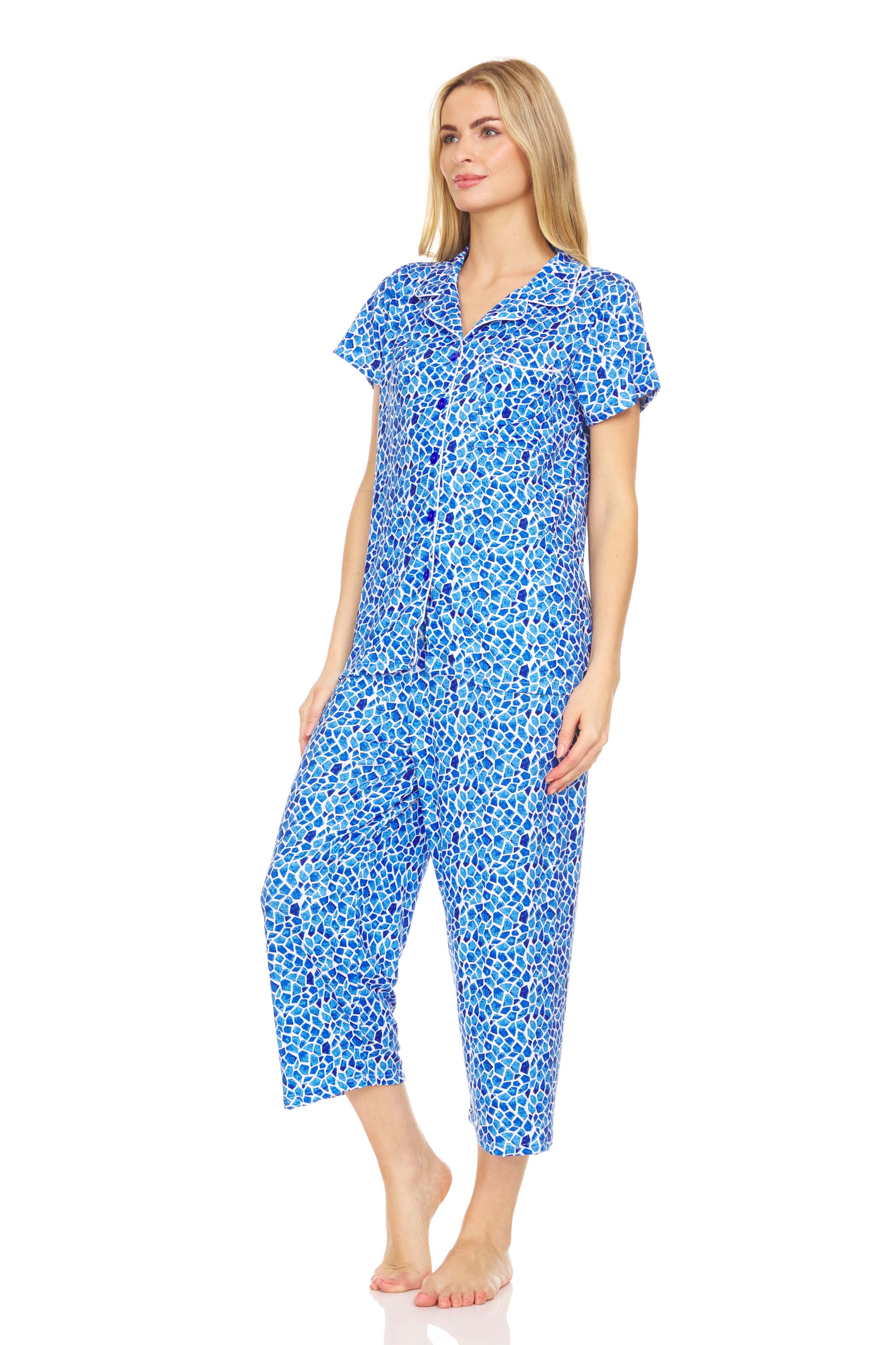Lati Fashion 8103C Womens Sleepwear Woman Short Sleeve Button Down Pajamas Capri set