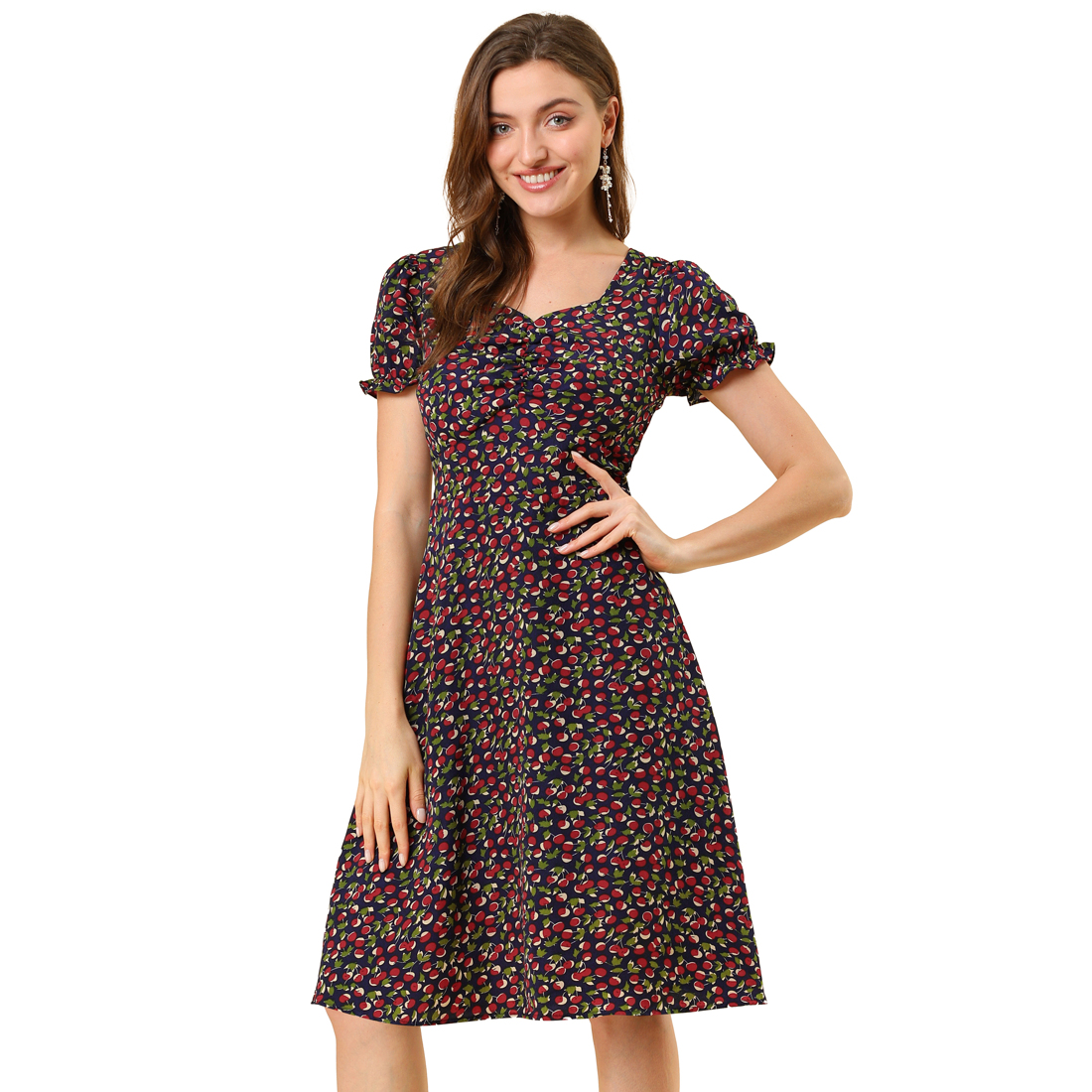 Unique Bargains Women's Short Sleeve Summer Casual Smock Ruffle Cherry  Print A-Line Dress Navy Blue XS
