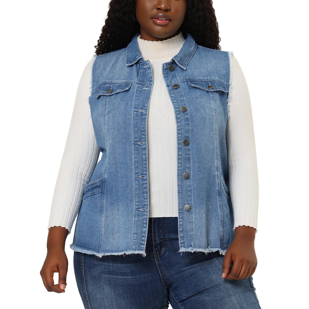 Unique Bargains Agnes Orinda Women's Plus Size Jean Vest Button Down Turndown Collar Frayed Hem with Cargo Pocket Trucker Denim Vest