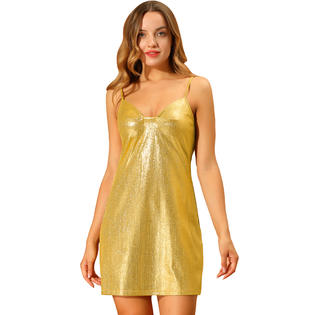 Unique Bargains Allegra K Women's Sparkly Glitter Spaghetti Strap Party Dress Golds M Unique Bargains Allegra K Women's Sparkly Glitter Spaghetti Strap Party Dress Golds M