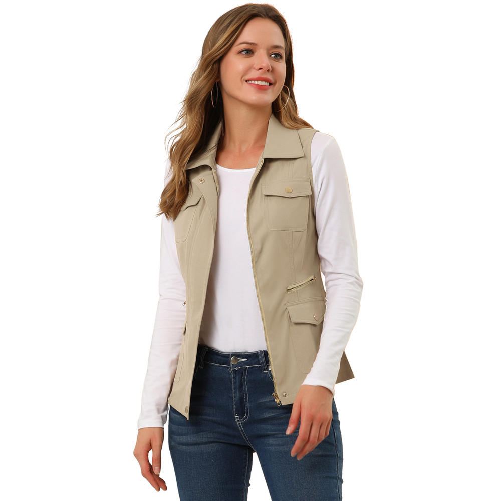 Unique Bargains Allegra K Women's Sleeveless Anorak Utility Vest Zip Jacket with Pocket