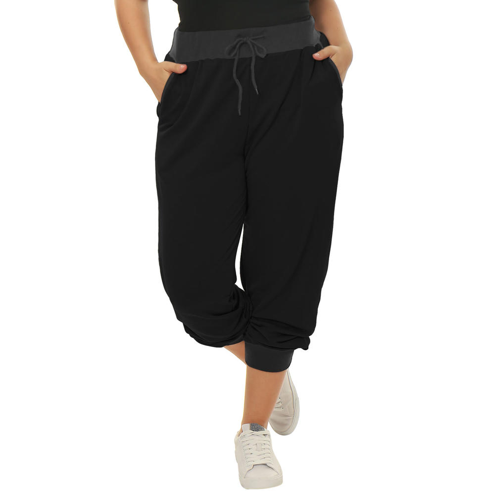 Unique Bargains Women's Plus Size Contrast Color Drawstring Waist Jogger  Pants Black (Size 2X)