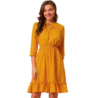 Unique Bargains Women's Ruffle Hem 3/4 Sleeve A-Line Short Chiffon Dress Yellow S Unique Bargains Women's Ruffle Hem 3/4 Sleeve A-Line Short Chiffon Dress Yellow S