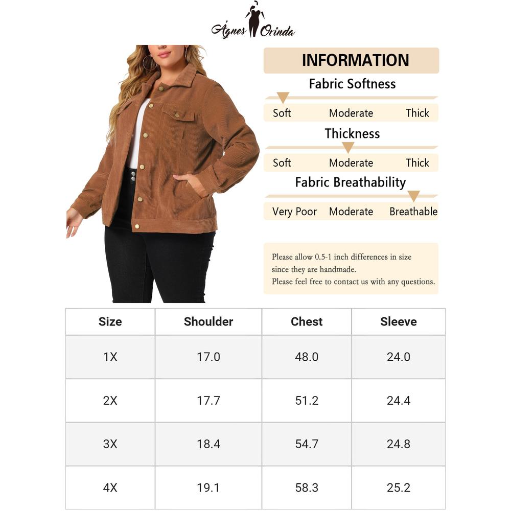 Unique Bargains Agnes Orinda Women's Plus Size Jackets Casual Winter Stand Collar Boyfriend Corduroy Jacket