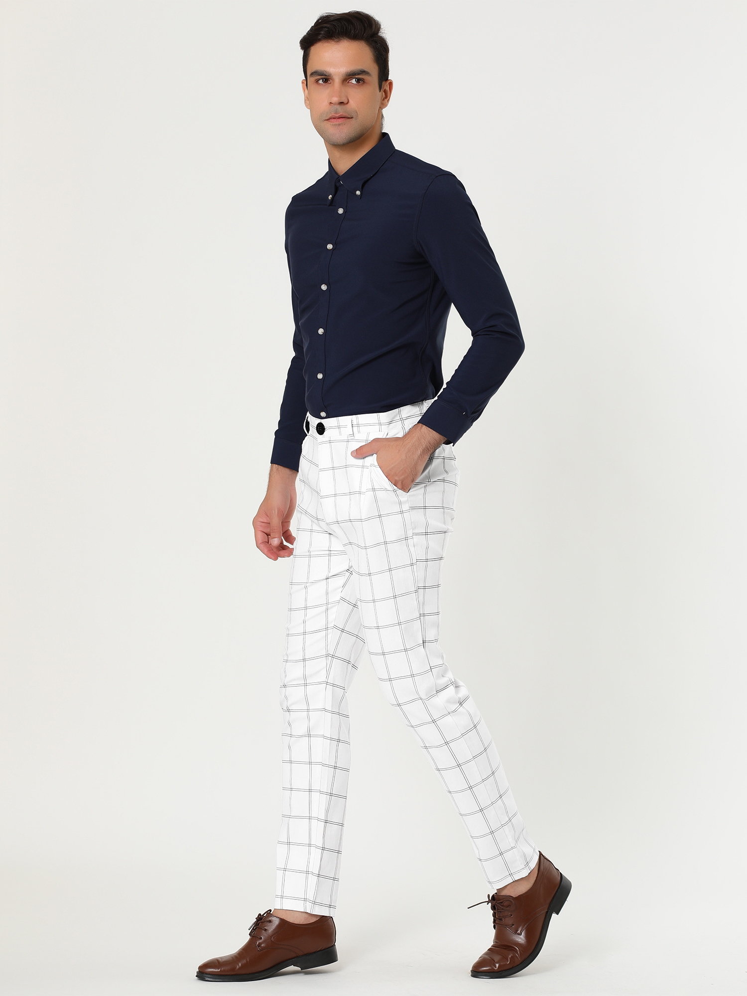 Unique Bargains Lars Amadeus Men's Dress Plaid Slim Fit Flat Front Business Pants with Pockets