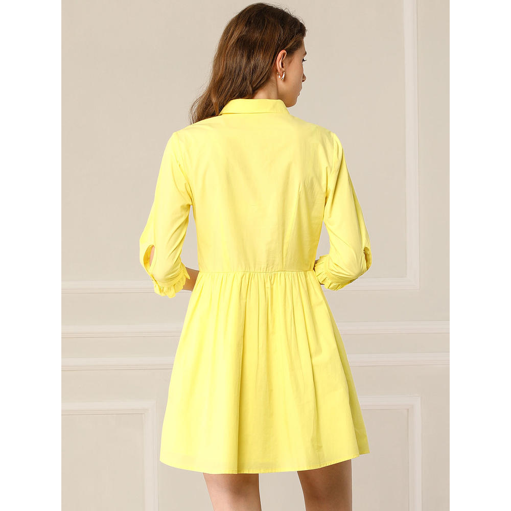 Unique Bargains Women's 3/4 Sleeve Button Front Flare Mini Shirt Dress