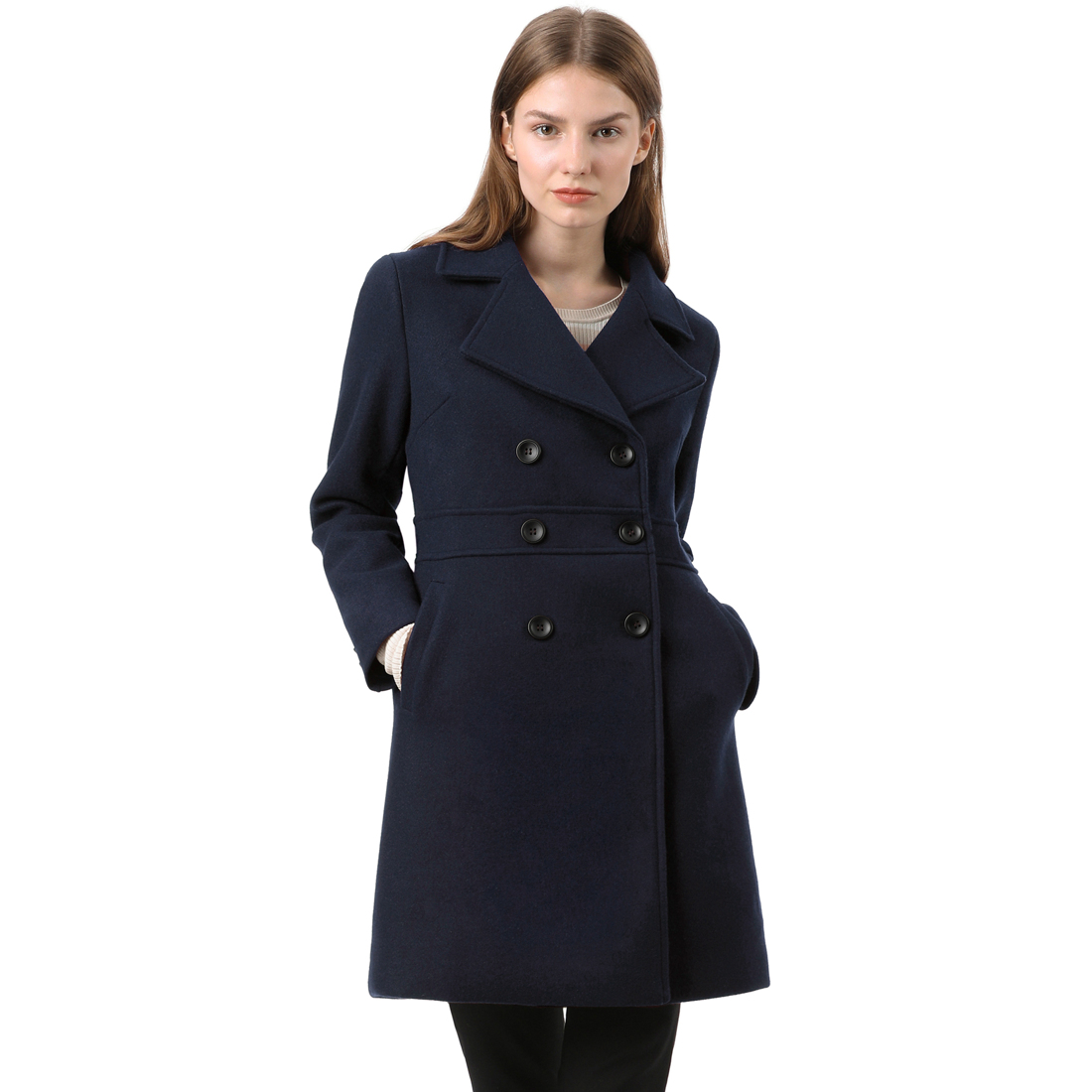 Unique Bargains Allegra K Women's Notched Lapel Double Breasted Long Trench Coat