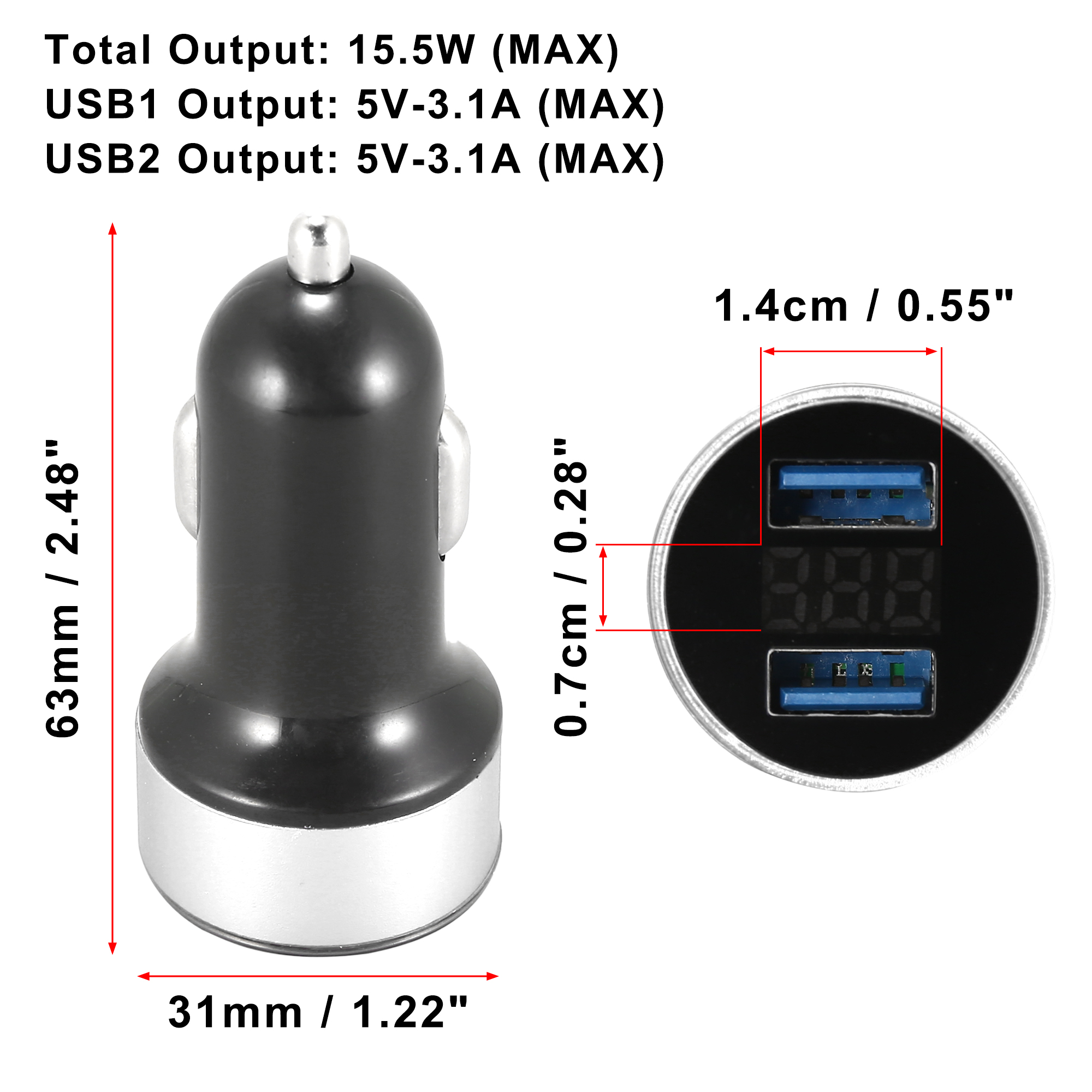 Unique Bargains LED Display Dual USB Ports Cigarette Lighter Socket Car Charger Silver Tone