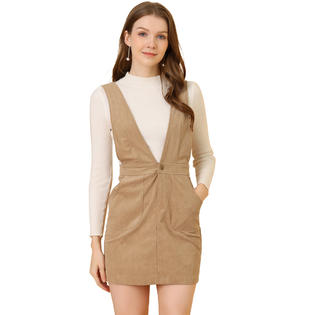 Unique Bargains Women's Corduroy Overall V Neck Strap Mini Pinafore Dress Small Khaki Unique Bargains Women's Corduroy Overall V Neck Strap Mini Pinafore Dress Small Khaki