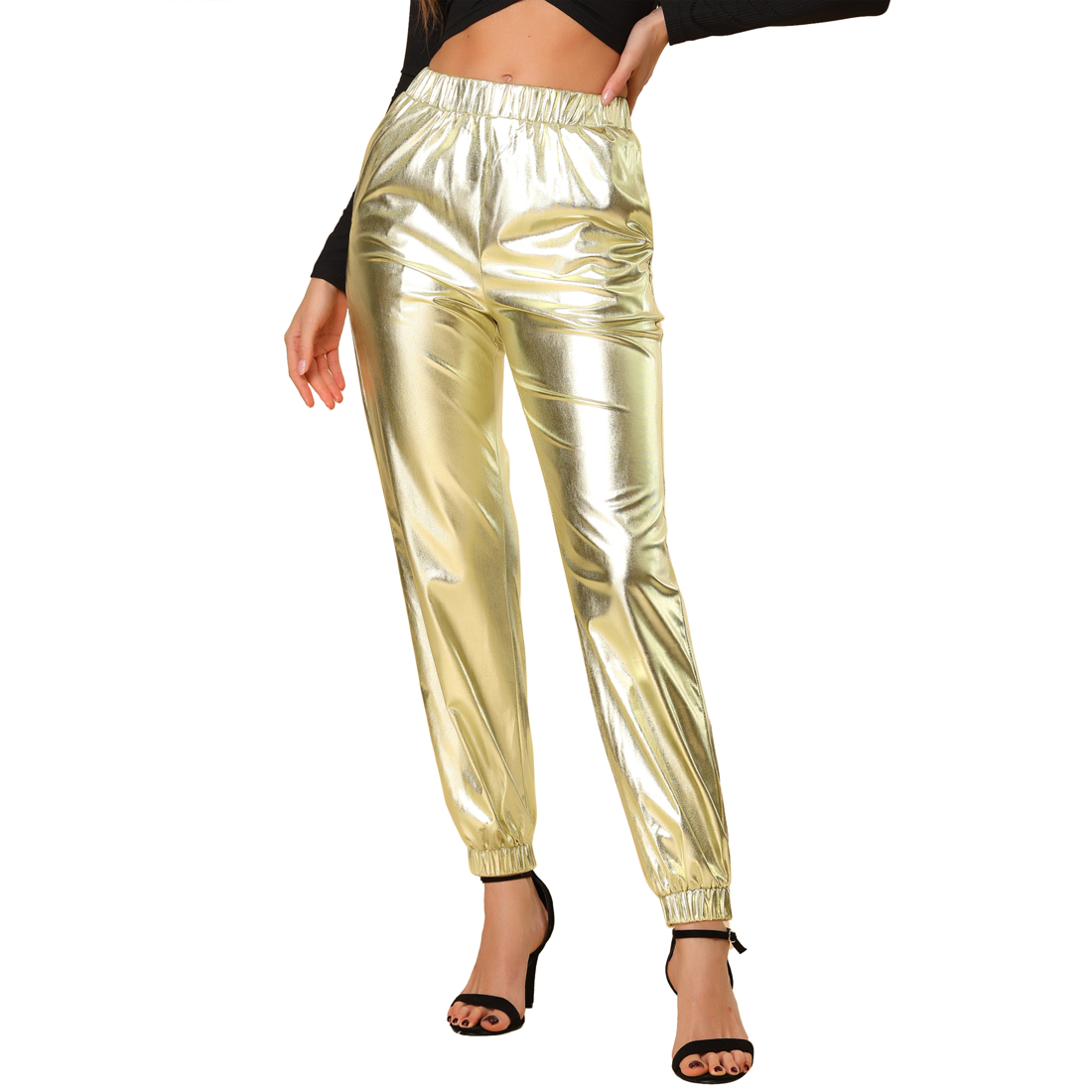 Unique Bargains Allegra K Women's Metallic Party Shiny Sparkle Jogger Pants