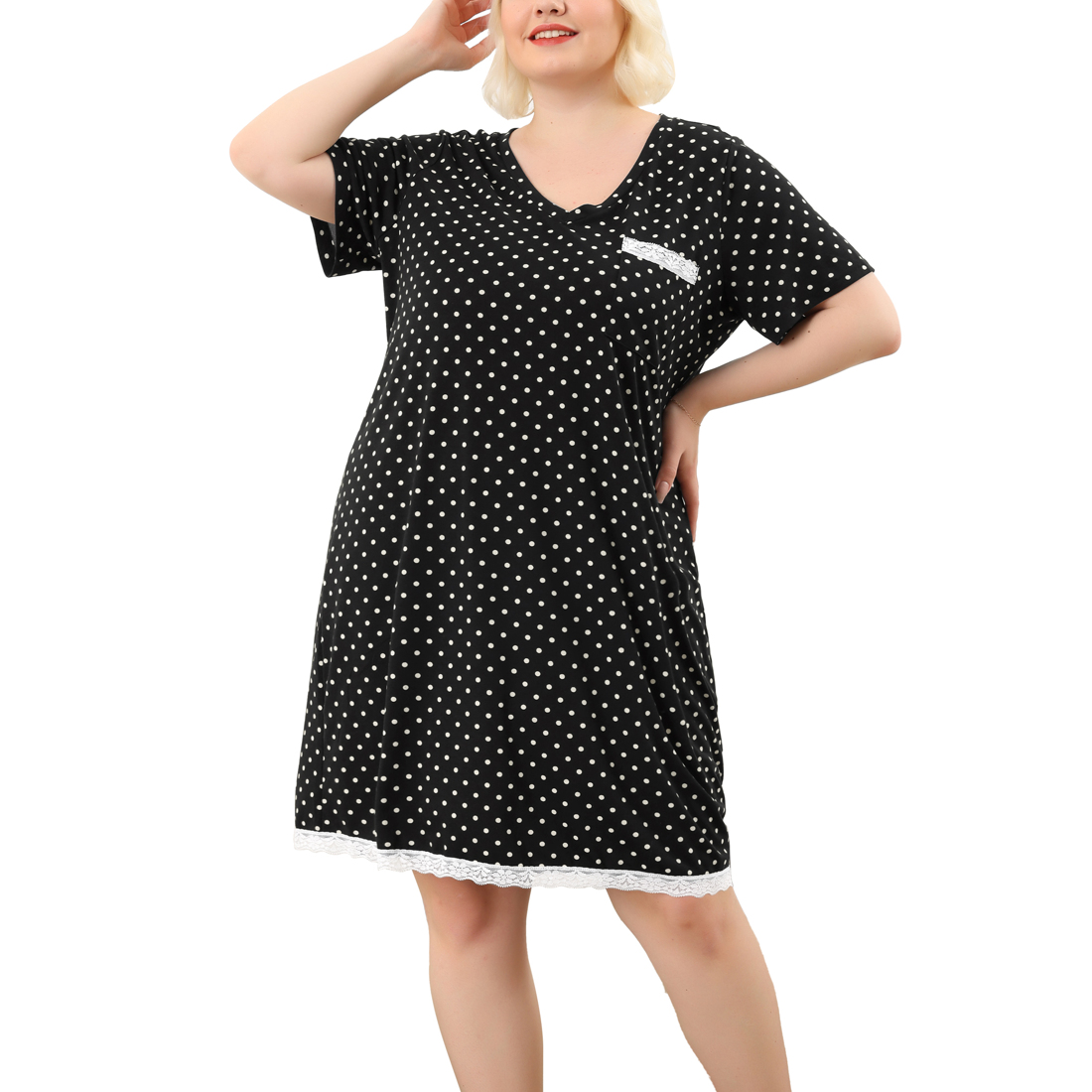 Unique Bargains Agnes Orinda Women's Plus Size Nightgown Polka Dots Short Sleeve Sleepwear Nightgowns