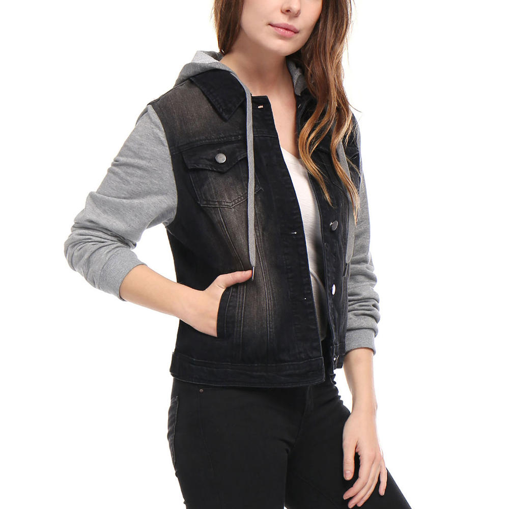 Unique Bargains Women's Layered Drawstring Hood Denim Jacket w Pockets Black (Size L / 14)