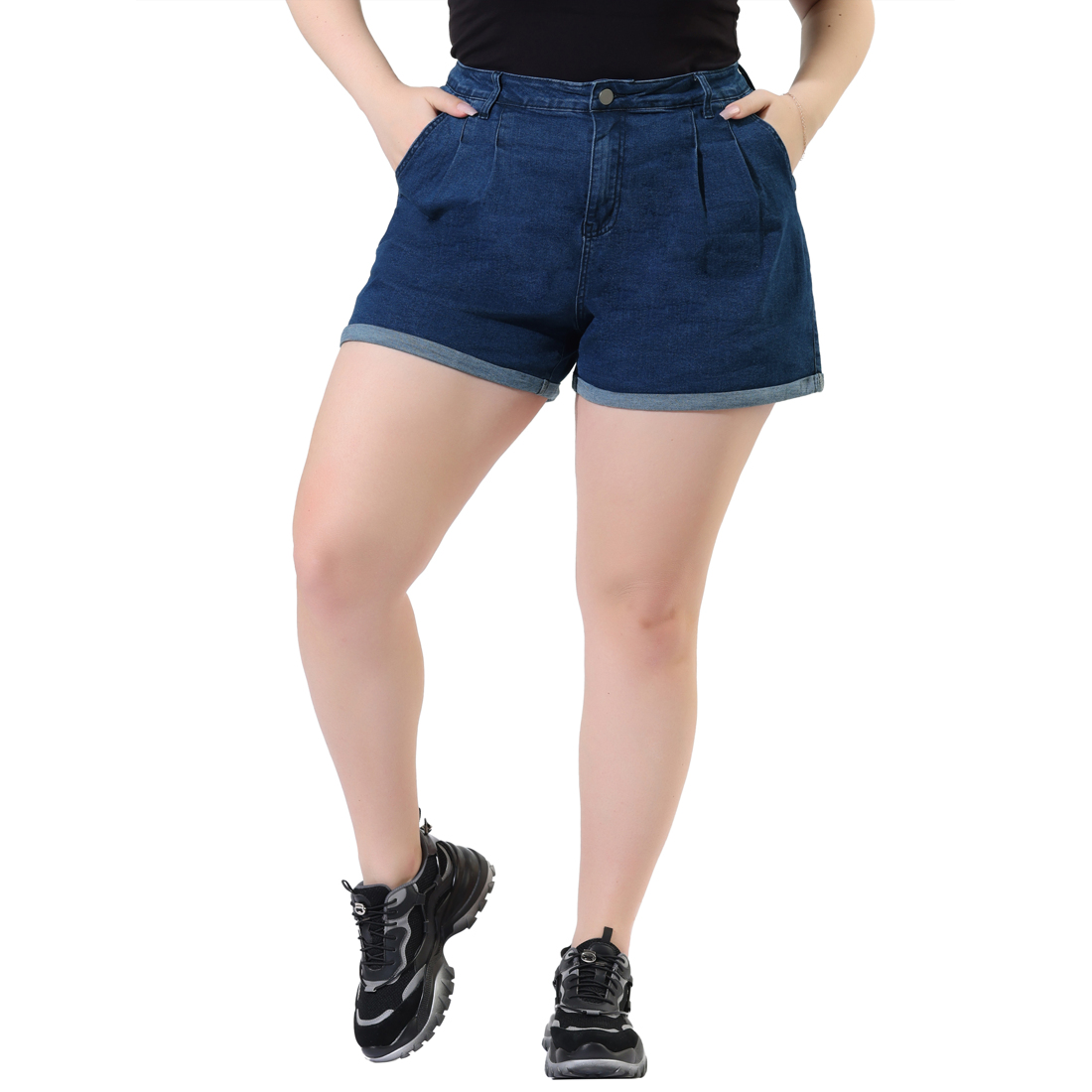Unique Bargains Agnes Orinda Plus Size Denim Shorts for Women High Waisted Folded Hem Jean Shorts with Pockets