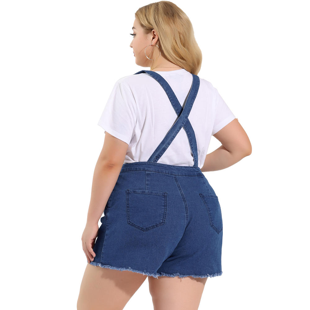 Unique Bargains Agnes Orinda Plus Size Denim Shorts for Women Fray Pockets Overalls