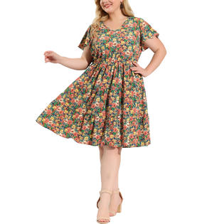 Unique Bargains Plus Size Dresses for Women V Neck Tie Elastic Waist Short Sleeve Summer Floral Midi Flare Dress Unique Bargains Plus Size Dresses for Women V Neck Tie Elastic Waist Short Sleeve Summer Floral Midi Flare Dress