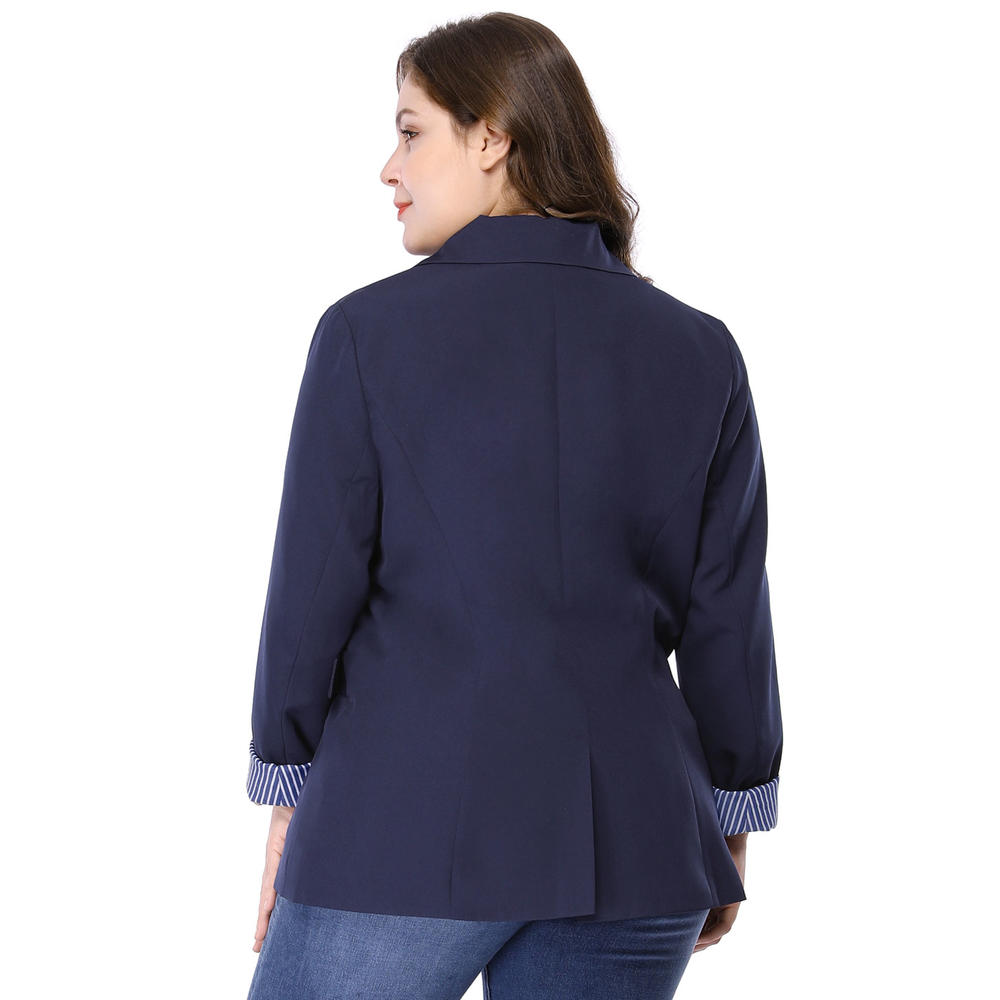 Unique Bargains Women's Plus Size Contrast Stripe Cuff Notched Lapel Casual Blazer