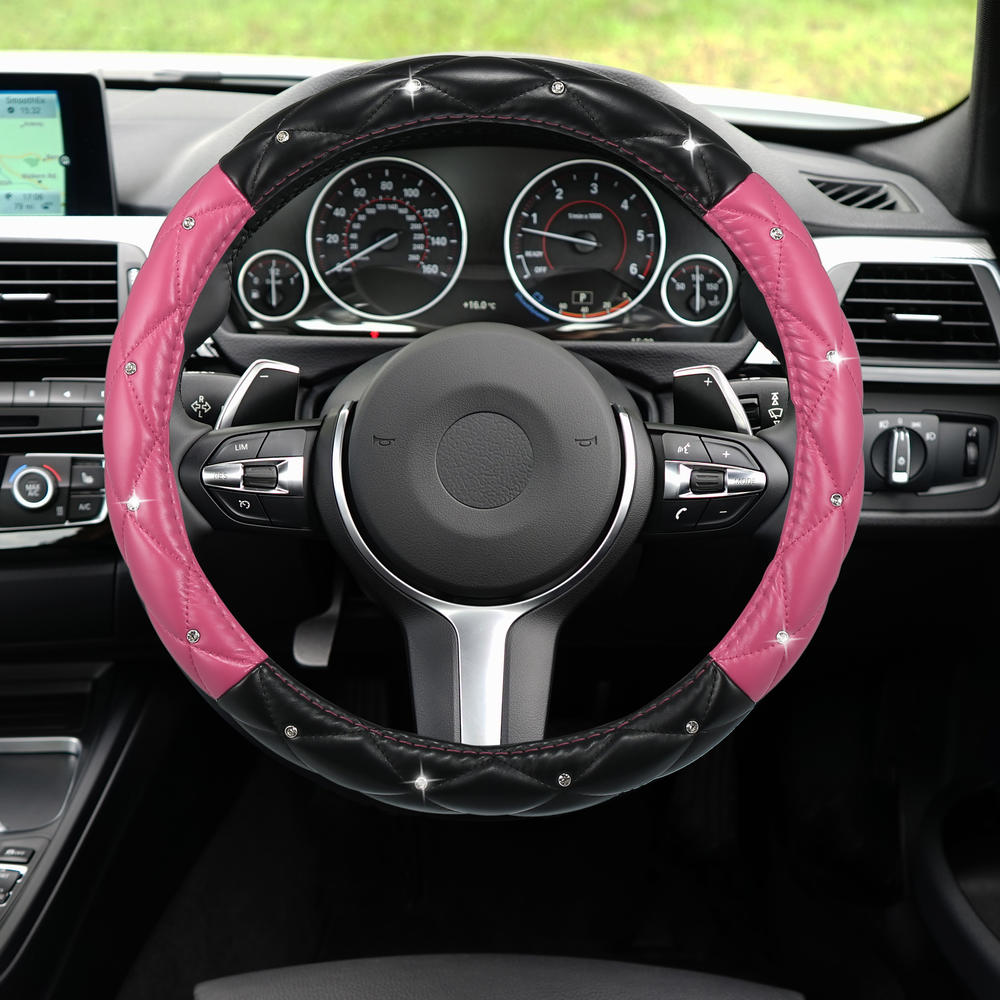 Unique Bargains Universal 38cm Faux Leather Steering Wheel Cover Wheel Protector Black Rose Red