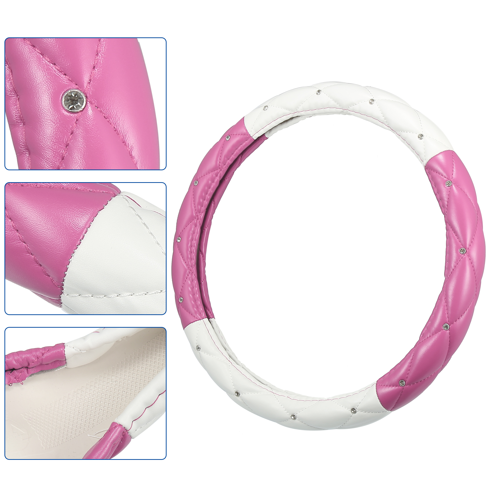 Unique Bargains Universal 38cm Faux Leather Steering Wheel Cover Car Wheel Protector Pink White