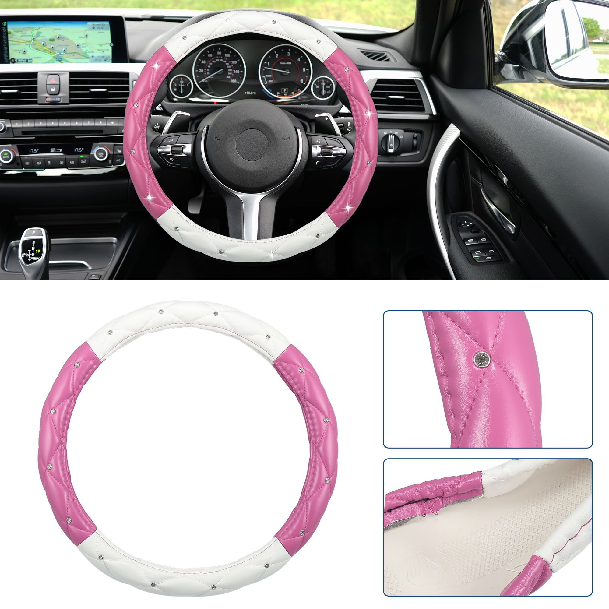 Unique Bargains Universal 38cm Faux Leather Steering Wheel Cover Car Wheel Protector Pink White