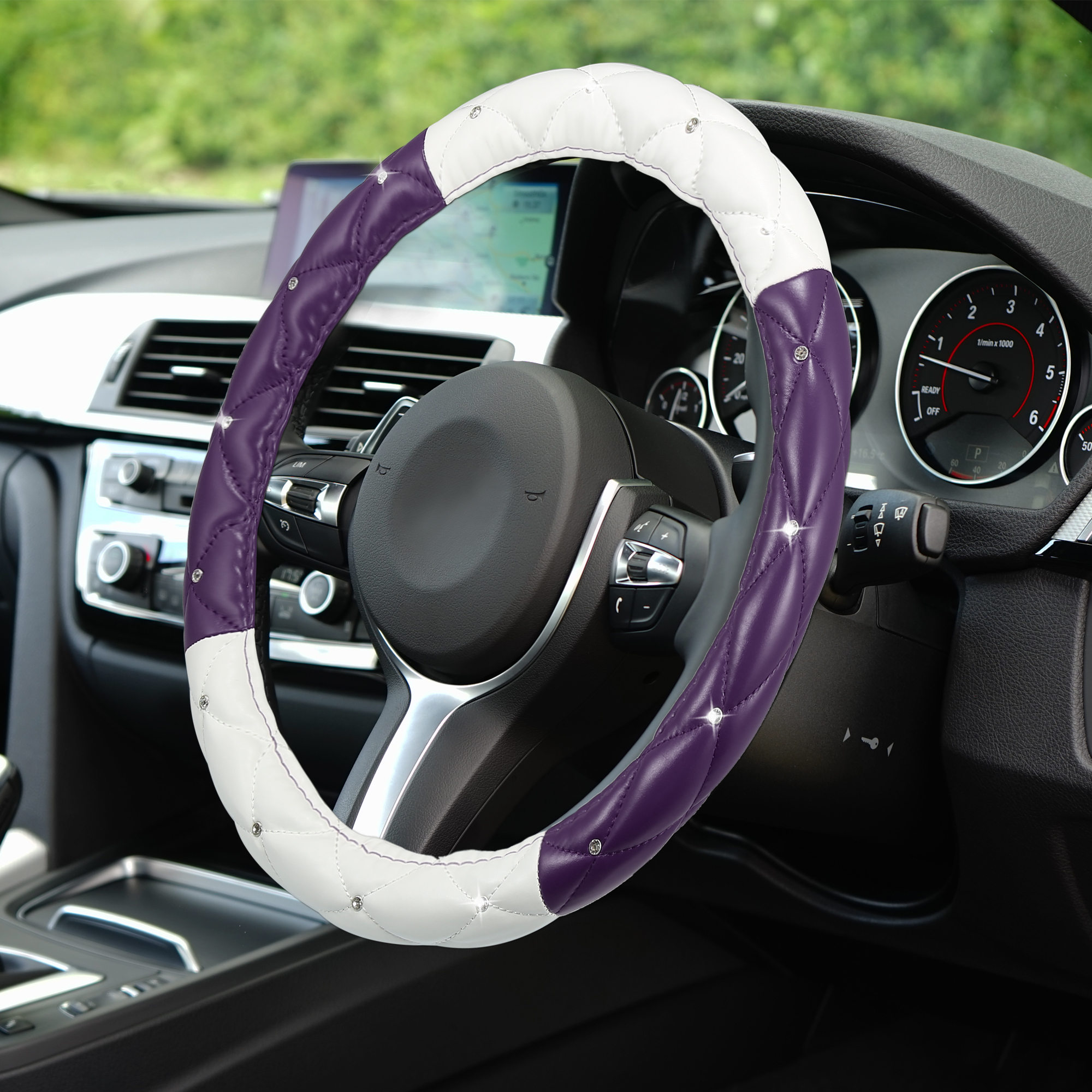 Unique Bargains Universal 38cm Faux Leather Steering Wheel Cover  Car  Protector Purple White