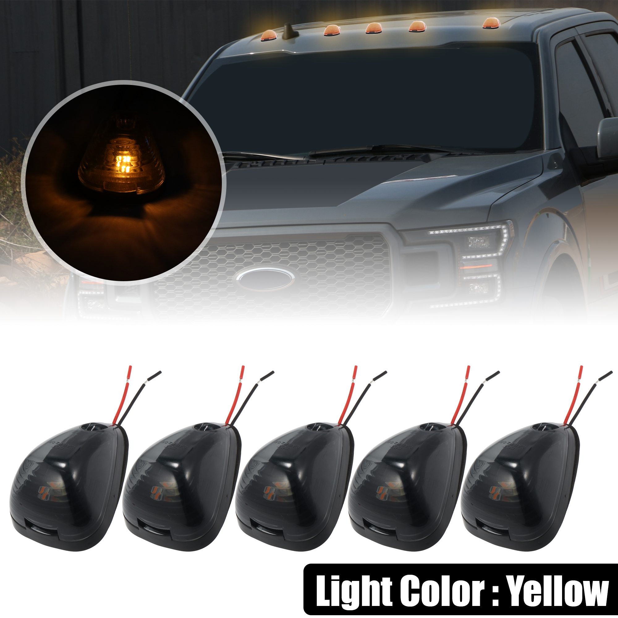 Unique Bargains 5pcs Top Cab Marker Light Smoked Black Cover Yellow Light for Ford F150 99-16