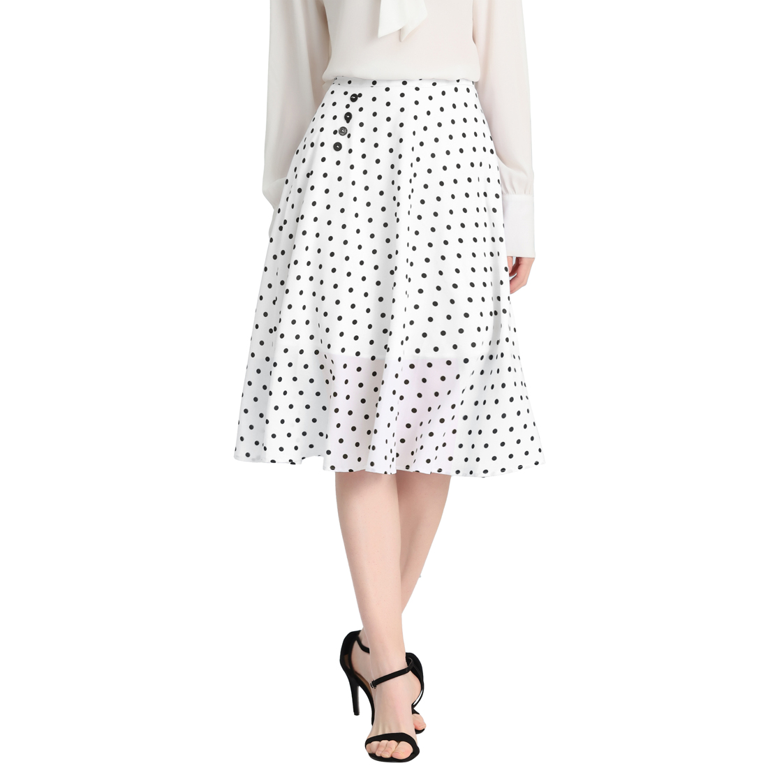 Unique Bargains Allegra K Women's Elastic Waist Zipper Vintage Polka Dots Midi Skirt