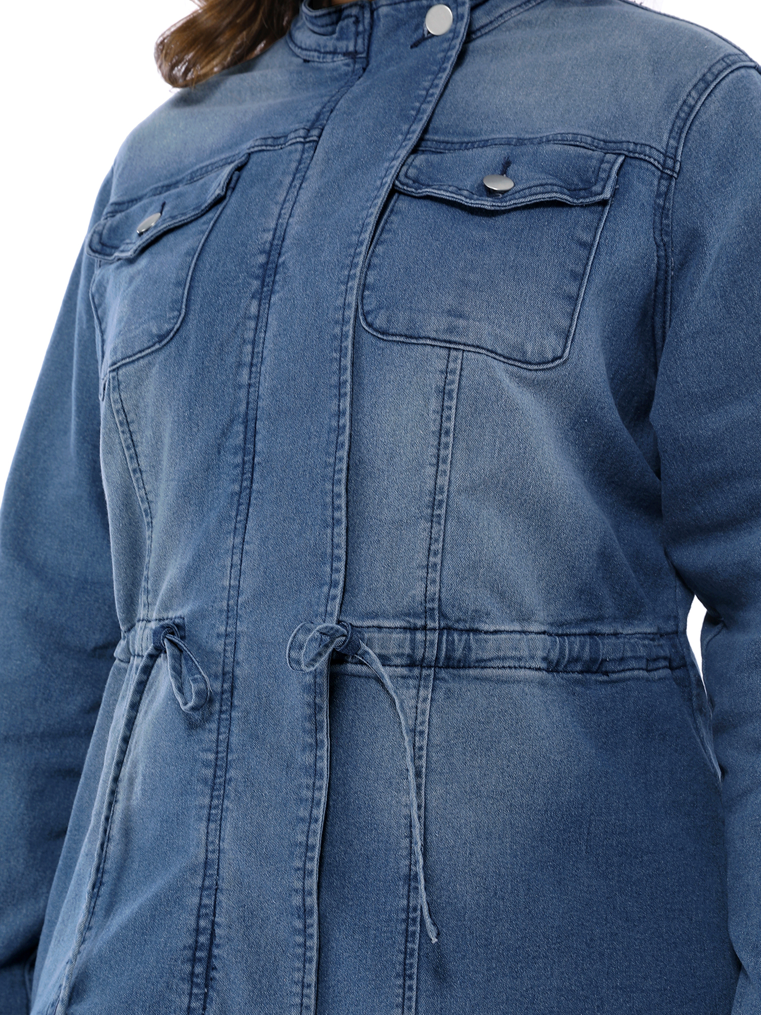 Unique Bargains Women's Plus Size Stand Collar Zip Closure Drawstring Denim Jacket