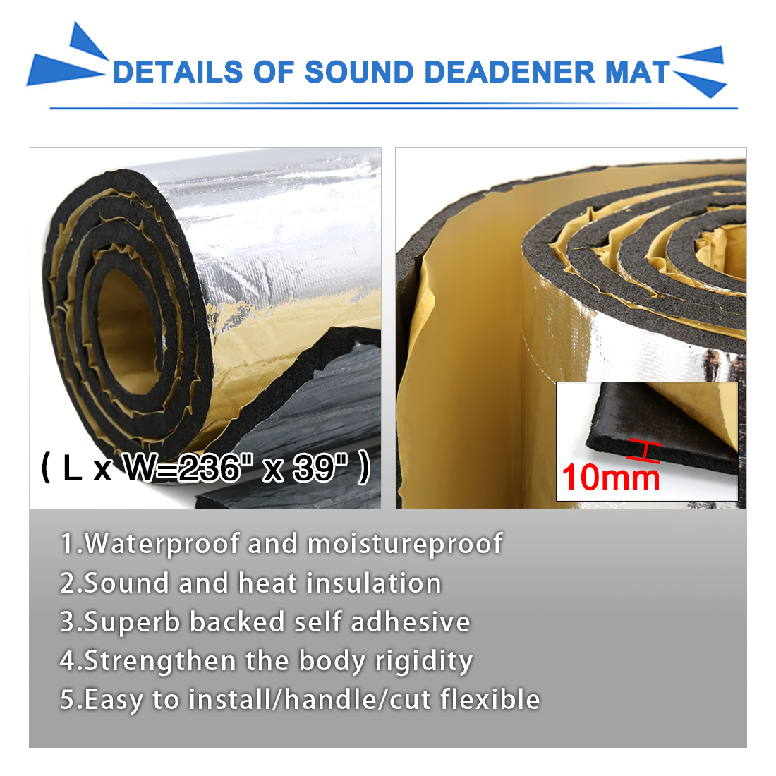 Unique Bargains 64.5sqft 10mm Auto Floor Sound Heat Deadener Insulation Deadening Mat 600x100cm