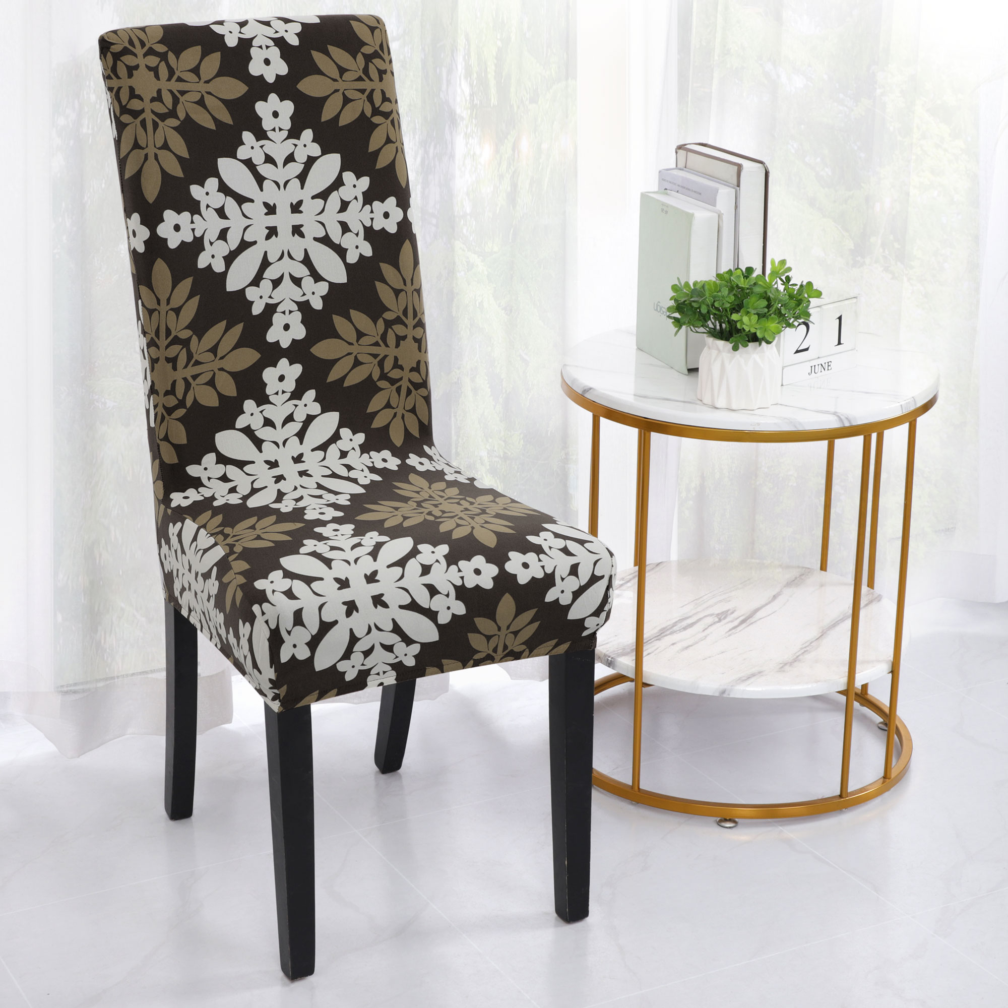 Unique Bargains Dining Chair Cover Stretch Stool Slipcover Chair Seat Protector (M,Brown White)