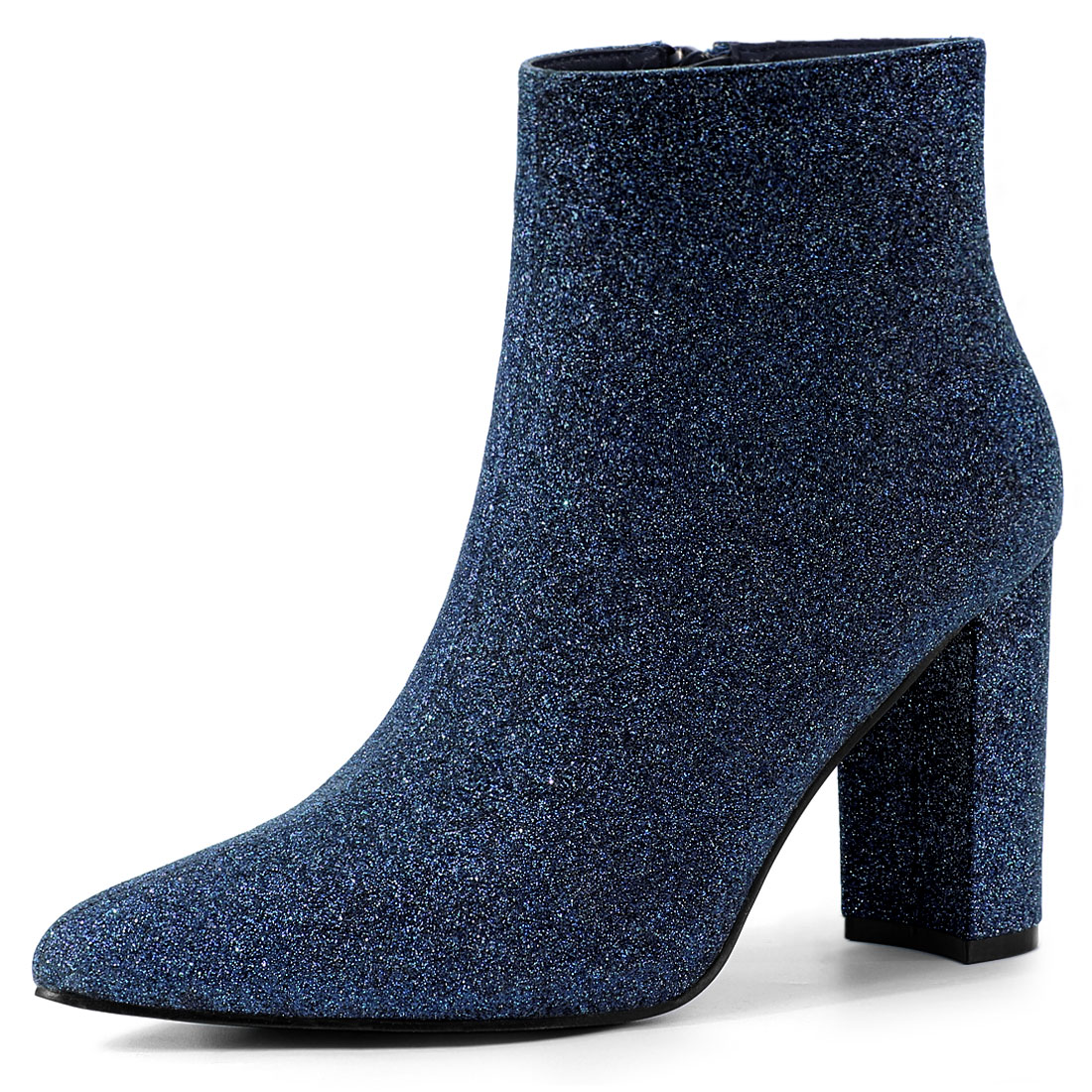 Unique Bargains Women's Glitter Pointed Toe Chunky Heel Ankle Boots