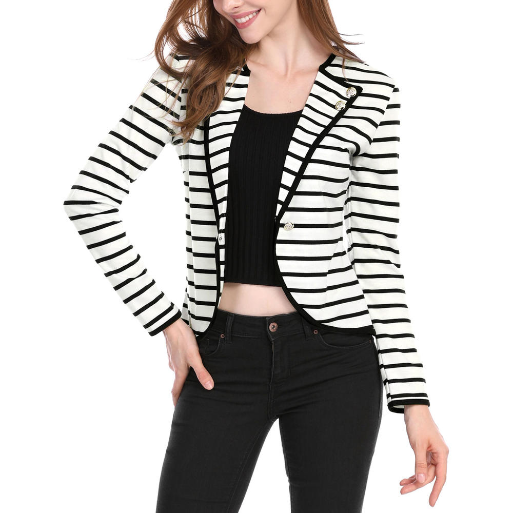 Unique Bargains Women's Notched Lapel Button Decor Lightweight Striped Blazer Jacket XS Black White