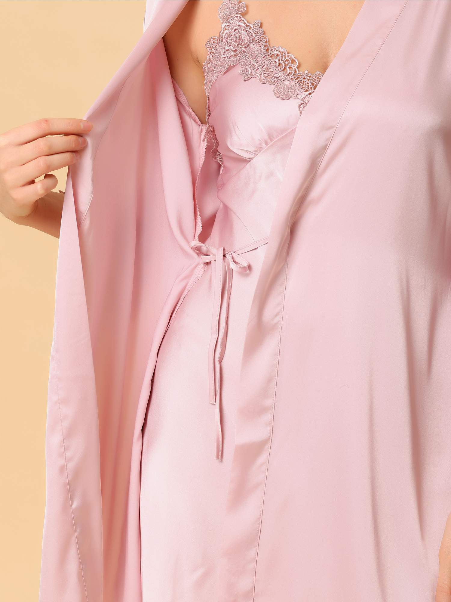 Unique Bargains cheibear Women's 2pcs Pajama Silk Cami Nightdress with Robe Sexy Satin
