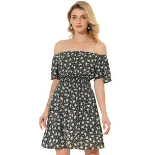 Unique Bargains Allegra K Women's Floral Print Off Shoulder A-Line Smocked Dress Black S Unique Bargains Allegra K Women's Floral Print Off Shoulder A-Line Smocked Dress Black S