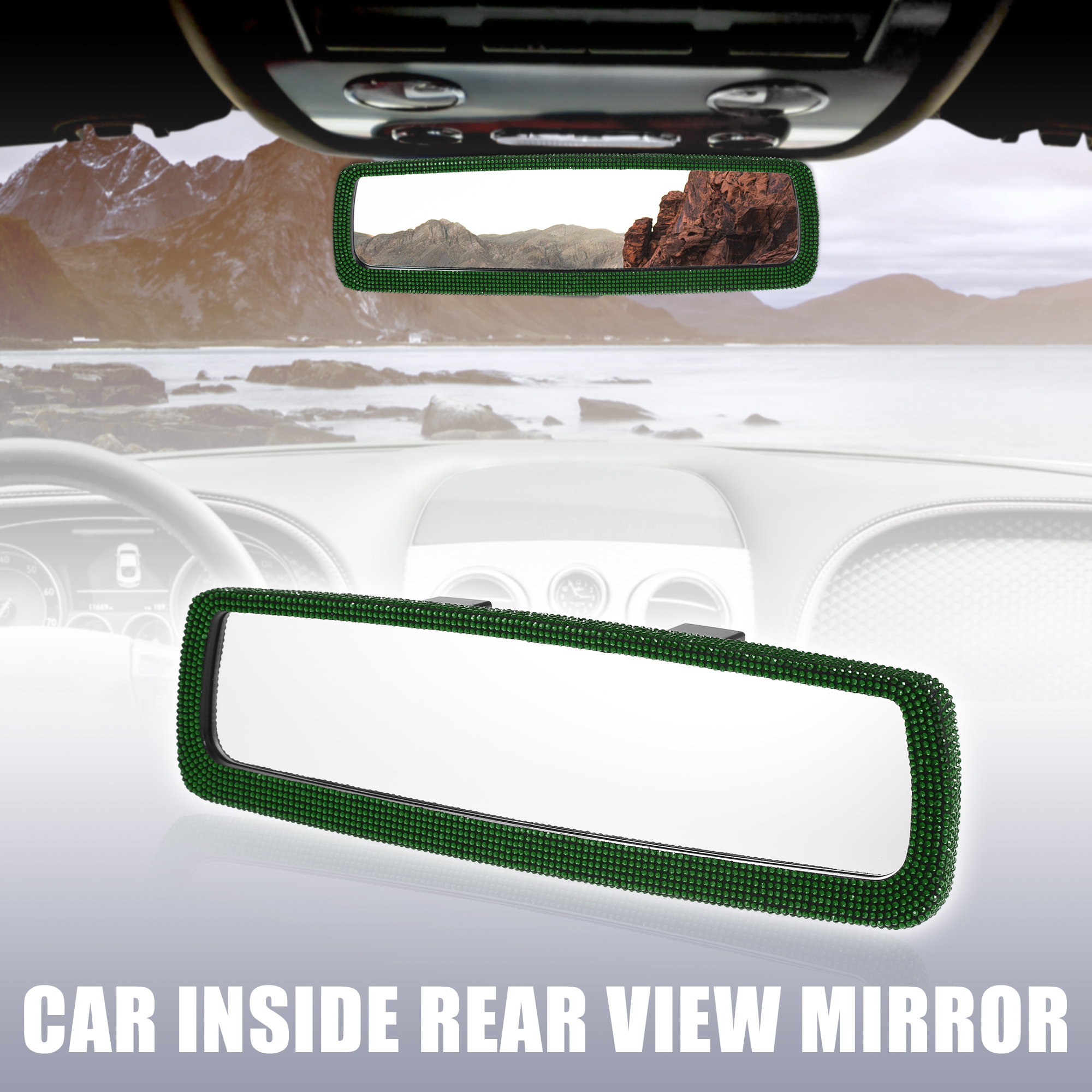 Unique Bargains Bling Car Rear View Mirror with Faux Crystal Rhinestone Interior for Women Green