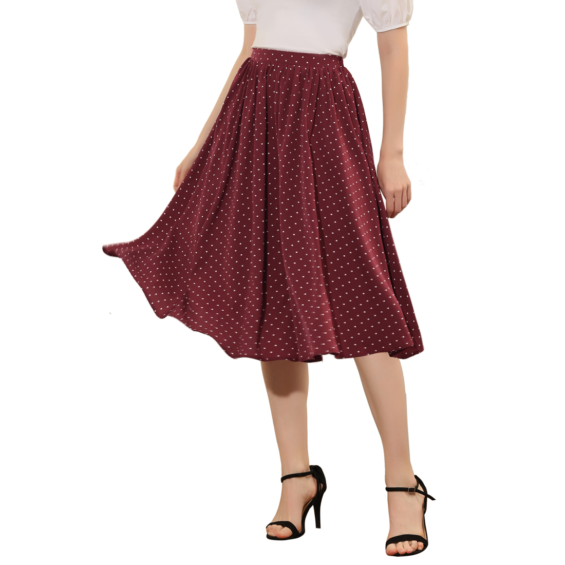Unique Bargains Women's Elastic Waist Polka Dots Midi A Line Skirt