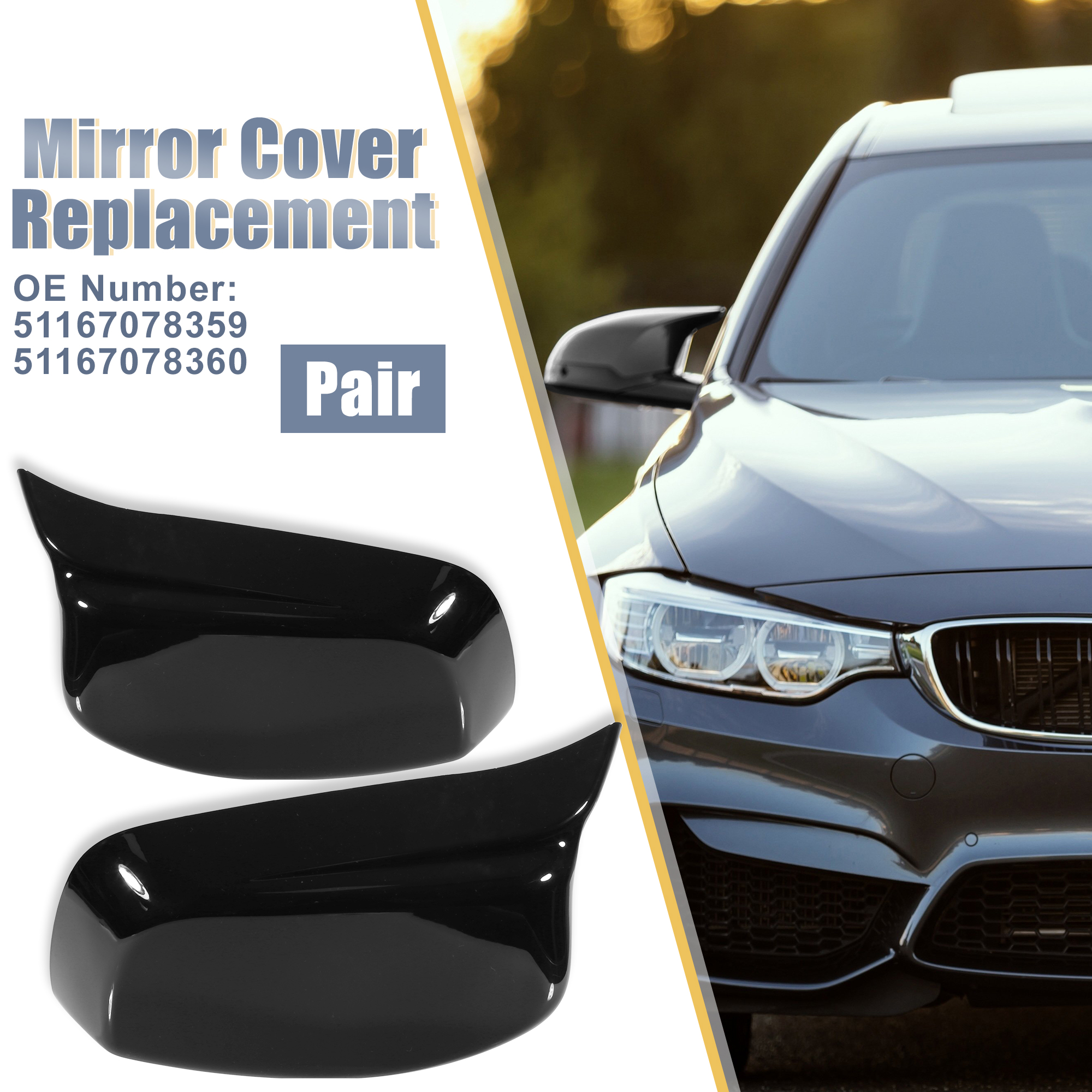 Unique Bargains Pair for BMW 5 Series E60 E61 E63 E64 Gloss Black Rear View Mirror Covers Cap