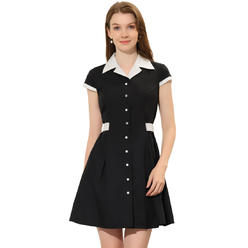 Unique Bargains Allegra K Women's Vintage Button Down Dress Flat Collar Belted Office Mini Shirt Dress